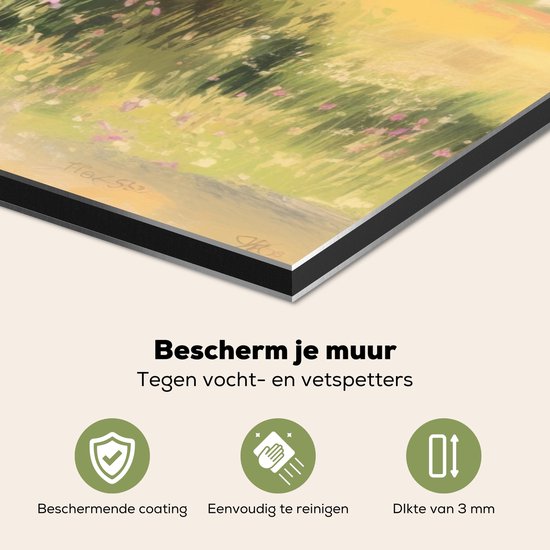 Spatscherm keuken 80x40 cm - Kookplaat achterwand Houten bankje - Bloempotten - Landschap - Muurbeschermer - Spatwand fornuis - Hoogwaardig aluminium