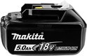 Zwarte Makita 18V Lithium-Ion accu, 5.0Ah met witte en gele details.