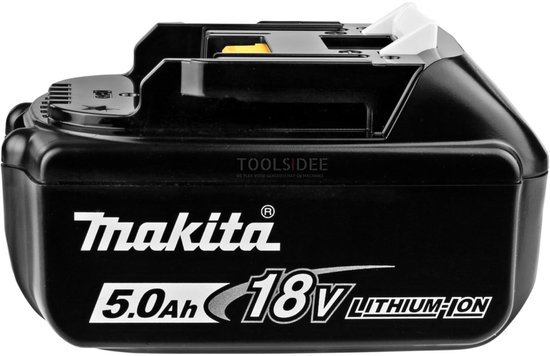 Zwarte Makita 18V Lithium-Ion accu, 5.0Ah met witte en gele details.