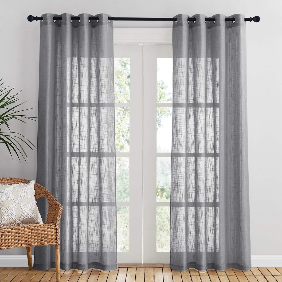 My Ninki ® Gordijnen in Linnenlook voor de Woonkamer, Half-Transparant met Oogjes, Set van 2 Stuks, Donkergrijs