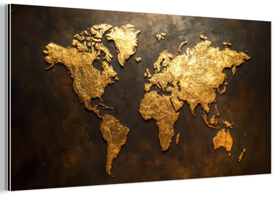 Tableau aluminium 120x60 cm - Décoration murale métal - Wereldkaart - Or - Rouille - Décoration murale métal salon - Décoration industrielle - Photo sur dibond - Accessoires industriels chambre