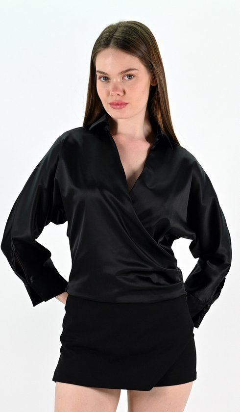 YesMooi - Zwarte Satijnen Crop Top - M (38)