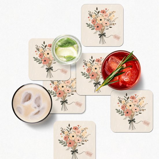 Dessous de verre Fleurs - Citation - Beige - Ruban - 10x10 cm - 6 morceaux - Sous pour Verres et Tasses