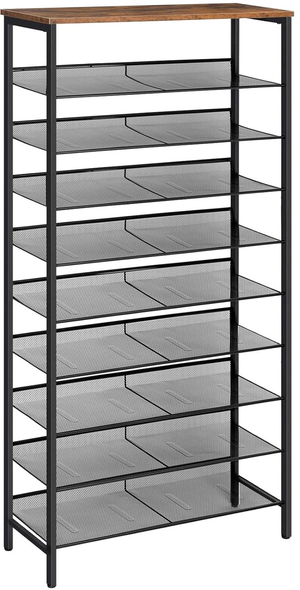 TRANKIELO® - Ruimtebesparend Schoenenrek met 10 Verdiepingen – Hoogwaardige Schoenenkast voor 27-36 Paar Schoenen – Kantelbare Metalen Planken – Donkerbruin-Zwart