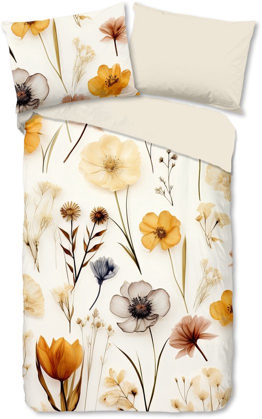 Dekbedovertrek 140x200 cm - Rustige Bloemen Print - Geel/Crème - 1 Persoons - 100