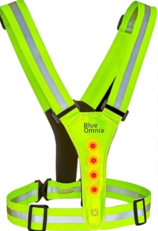 Geel reflecterend hardloopvest met Y-banden, borstband met LED-verlichting en riemen. Merknaam 'Blue Omnia'.
