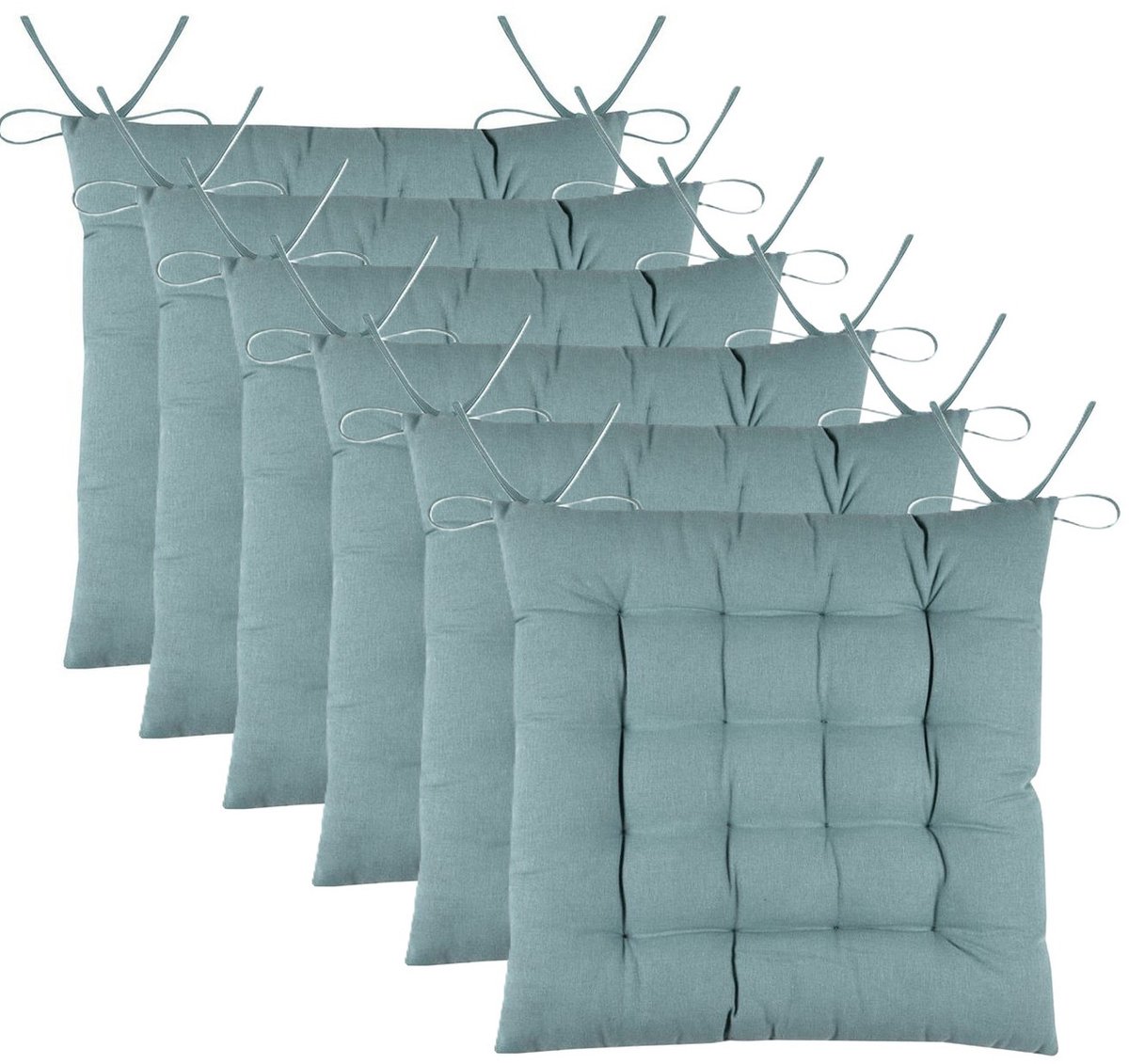 Stof Textile stoelkussens DUO - 6x - jade groen - 38 x 38 x 3.5 cm - touwtjes sluiting - zitkussens - binnen/buiten