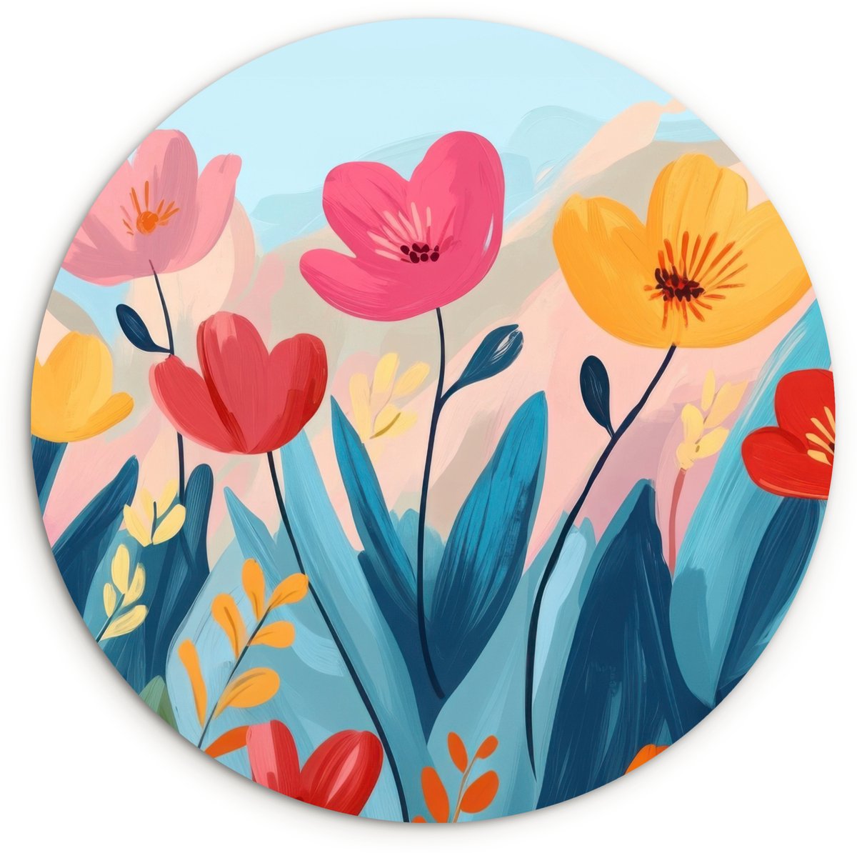 WallCircle Wandcirkel 60x60 cm - Muurcirkel Illustratie - Bloemen - Kleurrijk - Muurdecoratie woonkamer - Wanddecoratie slaapkamer - Kamer decoratie accessoires - Ronde schilderijen