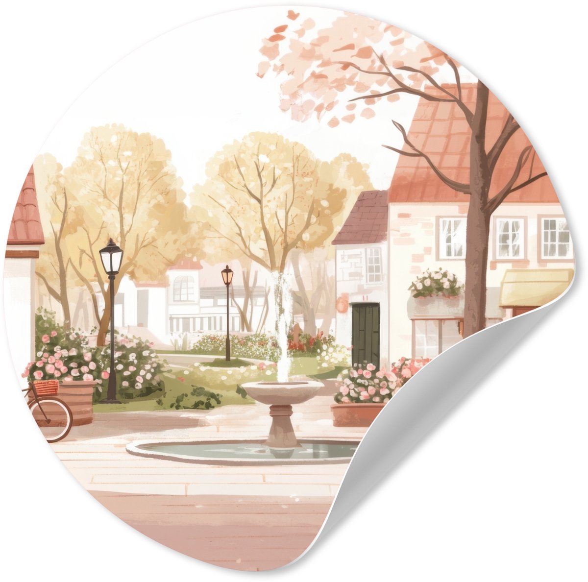 WallCircle® - Behangcirkel 100x100 cm - Muurstickers Dorpsplein - Fontein - Tulpen - Muurc