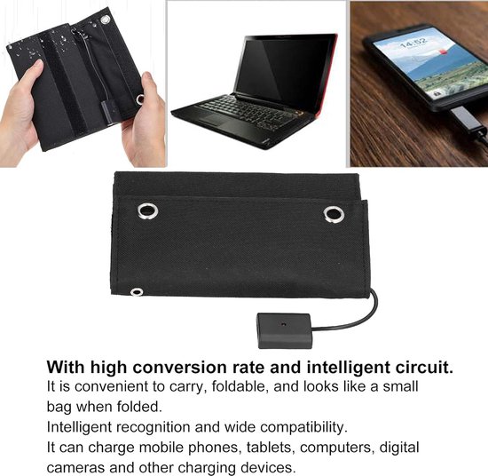 Zwart 15W 5V USB zonnepaneel in gesloten toestand, met afbeeldingen van een laptop en smartphone die worden opgeladen.