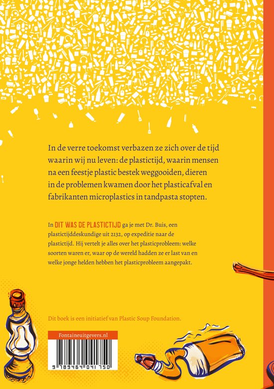 Gele achtergrond met tekst en illustraties van plastic voorwerpen. Rechtsonder een illustratie van een fles en een visje.