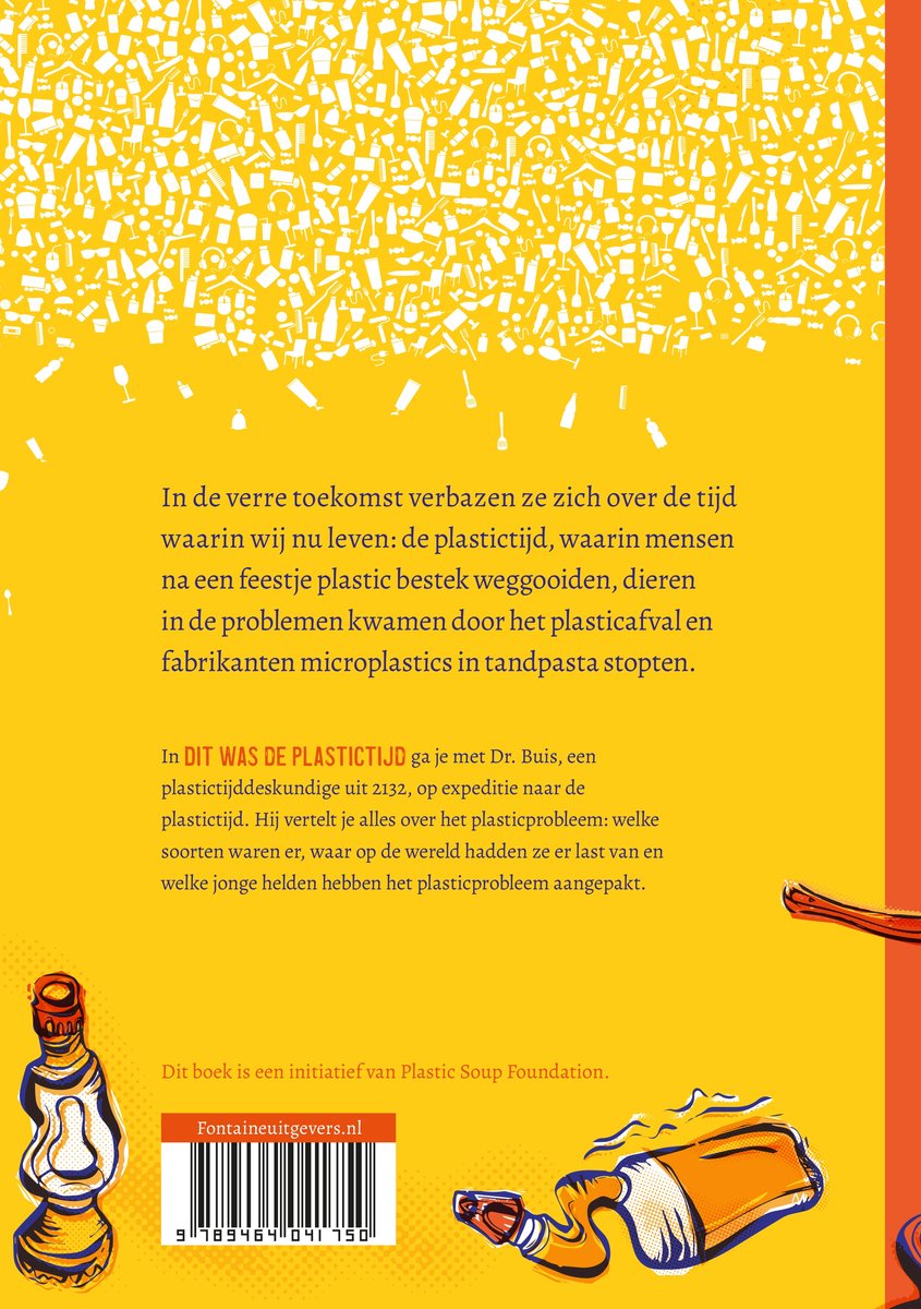 Gele achtergrond met tekst en illustraties van plastic voorwerpen. Rechtsonder een illustratie van een fles en een visje.