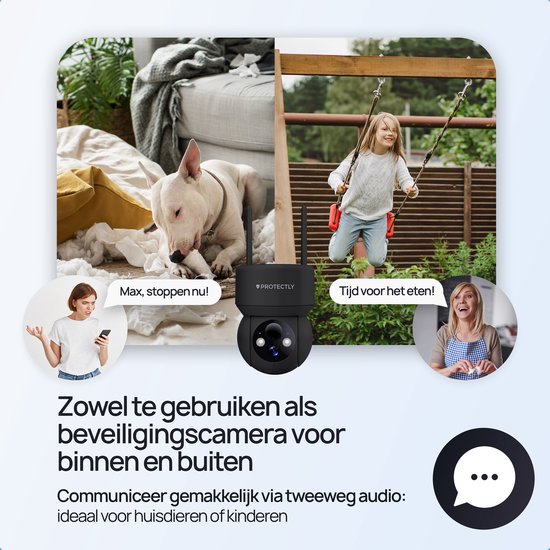 Zwarte Protectly beveiligingscamera voor binnen en buiten met tweeweg audio. Ideaal voor huisdieren of kinderen.