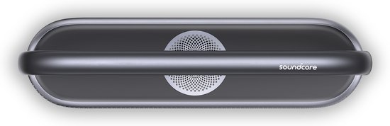 Bovenkant van een zwarte Soundcore Motion X600 Bluetooth speaker met een metalen handvat. De Soundcore logo is zichtbaar in het midden.