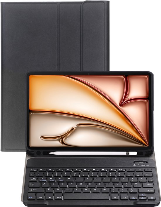 Étui clavier noir avec une tablette à l'intérieur. La tablette a un fond d'écran orange et beige et un stylet.