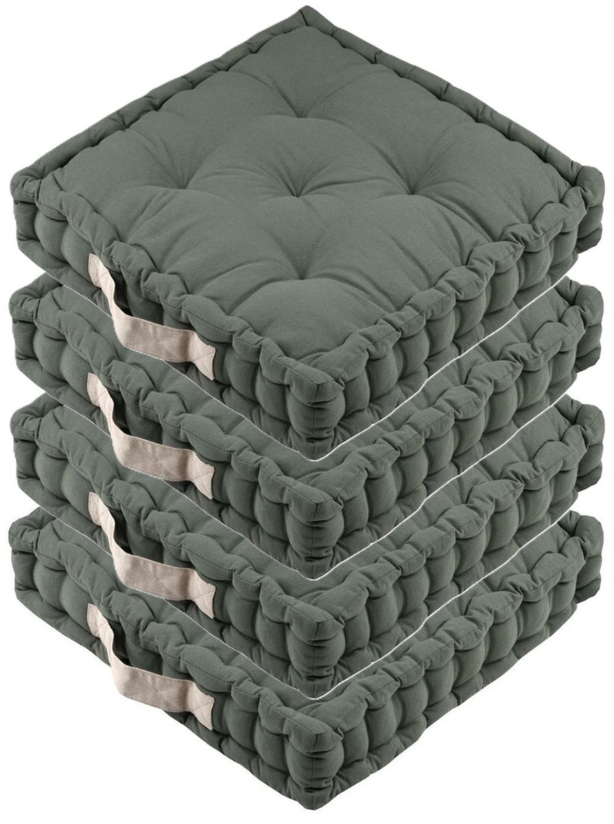 Stof Textile Vloerkussen DUO - 4x - olijfgroen - katoen - 45 x 45 x 10 cm - vierkant - Extra dik - extra zitplaatsen - spelen - gamen - relaxen Olijf groen