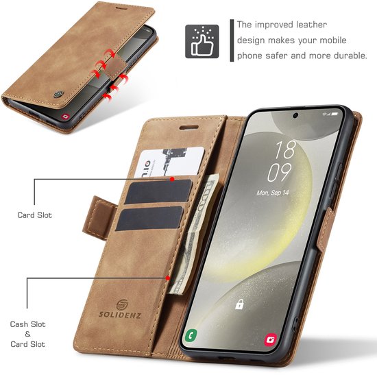 Bruin portemonnee hoesje met pasjes- en geldvak, telefoon erin.