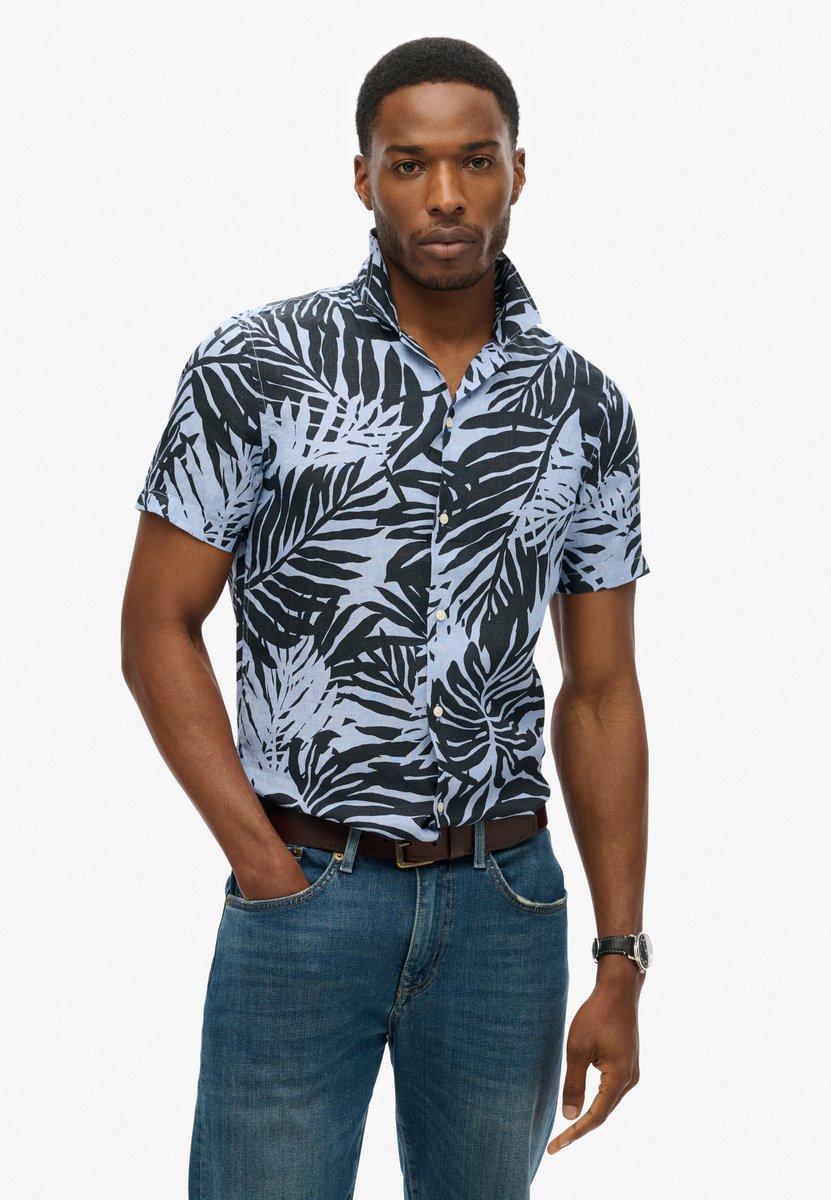 Superdry Linnen overhemd met open kraag en print Heren Shirts Blauw