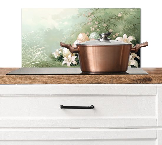Crédence de Cuisinière en Aluminium 70x30 cm - Oeufs de Pâques - Teintes pastel - Fleurs - Écran Pare-éclaboussures pour Plaque de Cuisson - Protection Murale