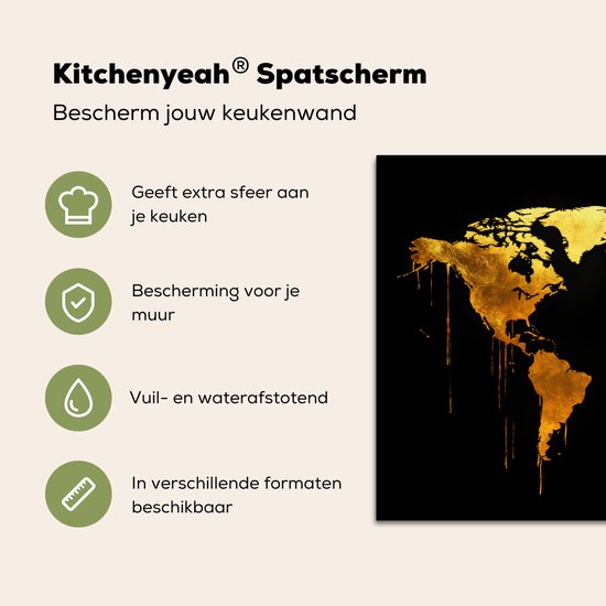 Crédence de Cuisinière en Aluminium 90x60 cm - Carte du monde - or - goutte à goutte - noir - Écran Pare-éclaboussures pour Plaque de Cuisson - Protection Murale