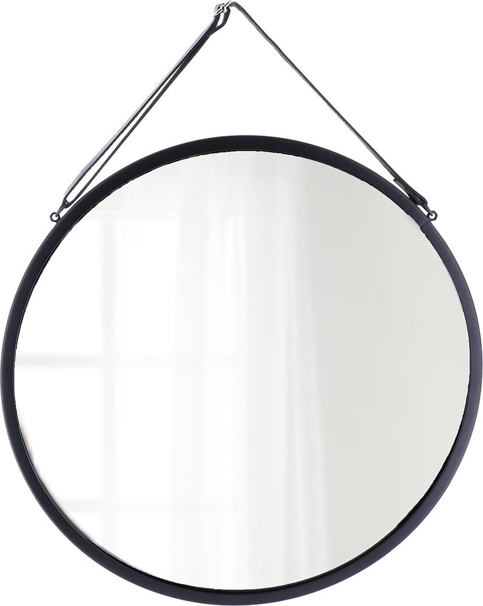 Tendance Wandspiegel - zwart - D38 cm - metaal met lederlook riem - hangspiegel - ophangbaar