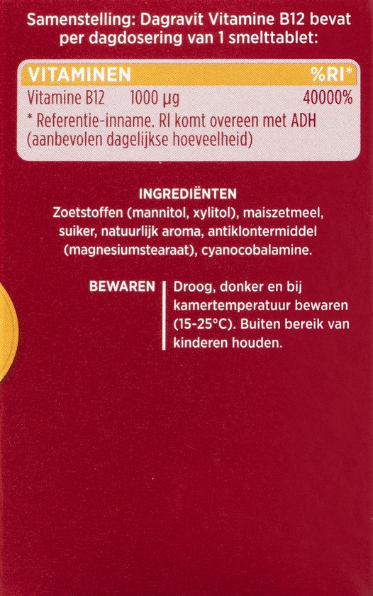 Dagravit Vitamine B12 1000µg - Draagt bij aan extra energie bij vermoeidheid en ondersteunt het functioneren van de zenuwen - 100 smelttabletten