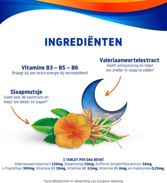 Valdispert Slaap & Nacht met afbeeldingen van valeriaan en slaapmutsje, en vitamines B3-B5-B6.
