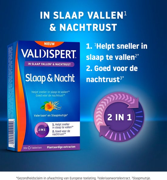 Valdispert Slaap & Nacht met uitleg 'Helpt sneller in slaap te vallen' en 'Goed voor de nachtrust', en 2 IN 1 icoon.