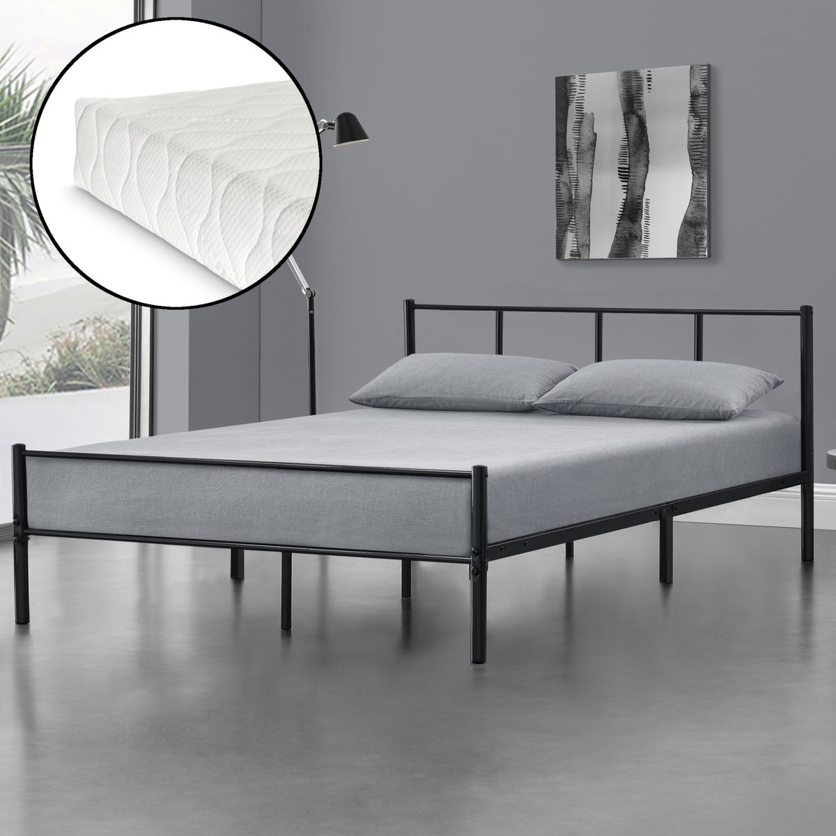 en.casa Metalen bed Laos met bedbodem en matras zwart 160x200 cm