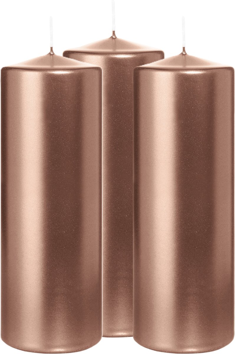 Wiedemann Cilinderkaars/stompkaars - 3x - metallic rosé goud - 20 x 7 cm - 103 branduren - zuilkaarsen Rose goud