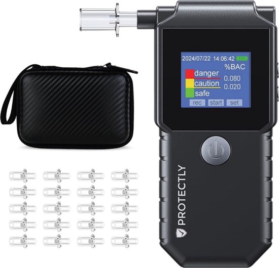 Protectly® Digitale Alcoholtester – Alcoholtesters - Blaastest Alcohol – Alcoholmeter – Geschikt voor o.a. Nederland, Frankrijk en België - USB-C Oplaadbaar - HD-Display - 20 Extra Mondstukjes - 2025 Model