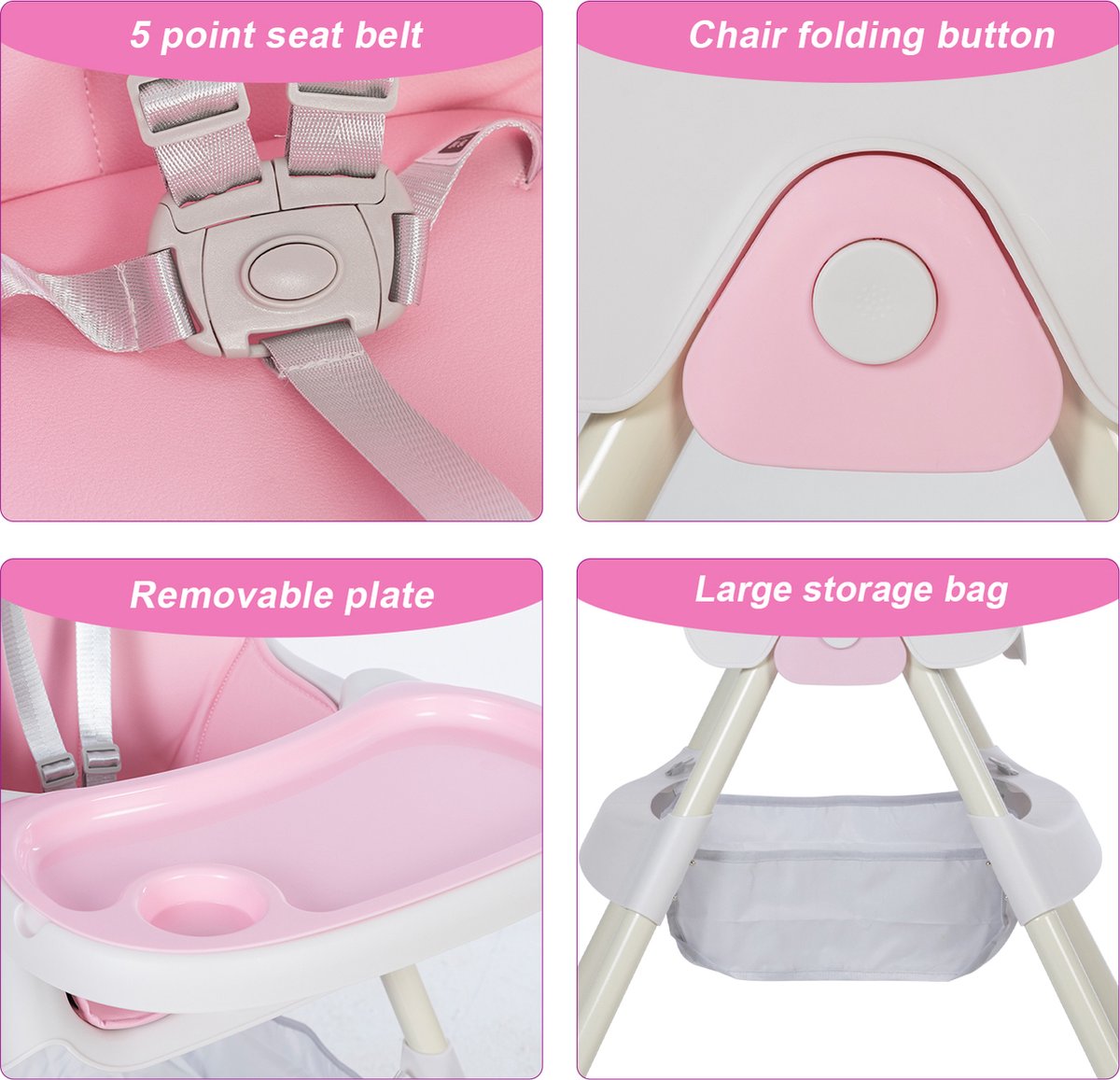 OFMOTRA Kinderstoel 3 in 1 - Inklapbare Eetstoel - Kinderzetel - met opbergmand - Verstelbaar Baby Stoel - Peuterstoel - 5-punts Gordel - Uitneembaar lederen kussen - Meegroei Stoel - Roze – foto 5