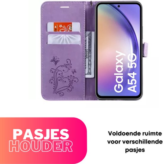 Coque Papillons Violet - Convient pour Samsung Galaxy A54 5G - Wallet Book Case - Livret avec Porte-Carte / Porte-Carte et Fermeture Magnétique - Booklet Housse de Protection