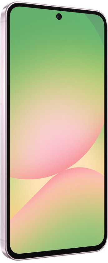 Lichtroze Samsung Galaxy A56 5G, scherm met groene, roze en gele gradiënt, vanuit een hoek.