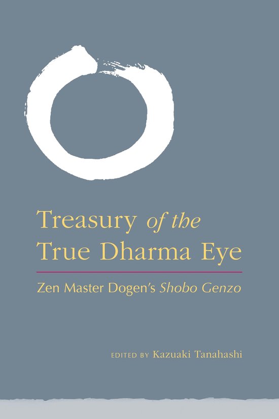 Boek 'Treasury of the True Dharma Eye' met een witte cirkel op een grijze achtergrond en gouden tekst.
