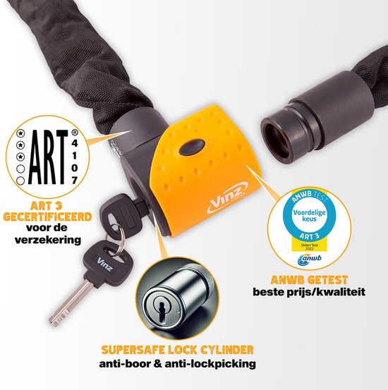 ART 3 Gecertificeerd kettingslot van Vinz Locks met oranje slotkop, ANWB getest beste prijs/kwaliteit, en supersafe lock cylinder.