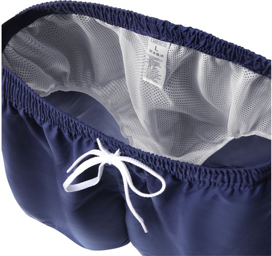 Short de bain bleu marine avec cordon de serrage, slip intérieur en mesh blanc.