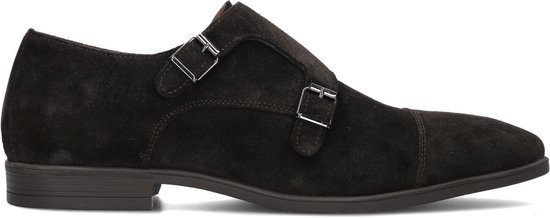 Donkerbruine suède monk schoen, twee gespen, zicht op de zijkant.
