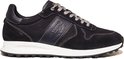 Donkerblauwe PME Legend sneaker met witte stiksels, grijs met witte veters en een witte zool.