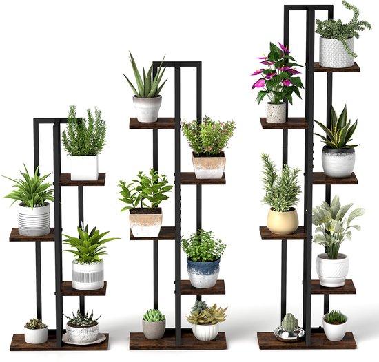 COSTWAY 3-delige plantenstandaardset, 4 + 5 + 6 etages, bloemenstandaard van hout en metaal, bloemenrek, plantenrek, vintage, bloementrap, plantentrap, voor binnen en buiten, balkon, tuin, zwart +