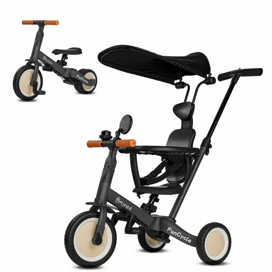 BRONEA Tricycle 5 En 1 Évolutif – Barre De Poussée, Siège Ergo, Ceinture – Toit Solaire, Porte-Boisson, Miroir, Sonnette – Dès 1 An