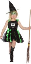 Wilbers - Heks & Spider Lady & Voodoo & Duistere Religie Kostuum - Goede Grappig Gezichtje Heks - Meisje - groen,zwart - Maat 128 - Halloween - Verkleedkleding