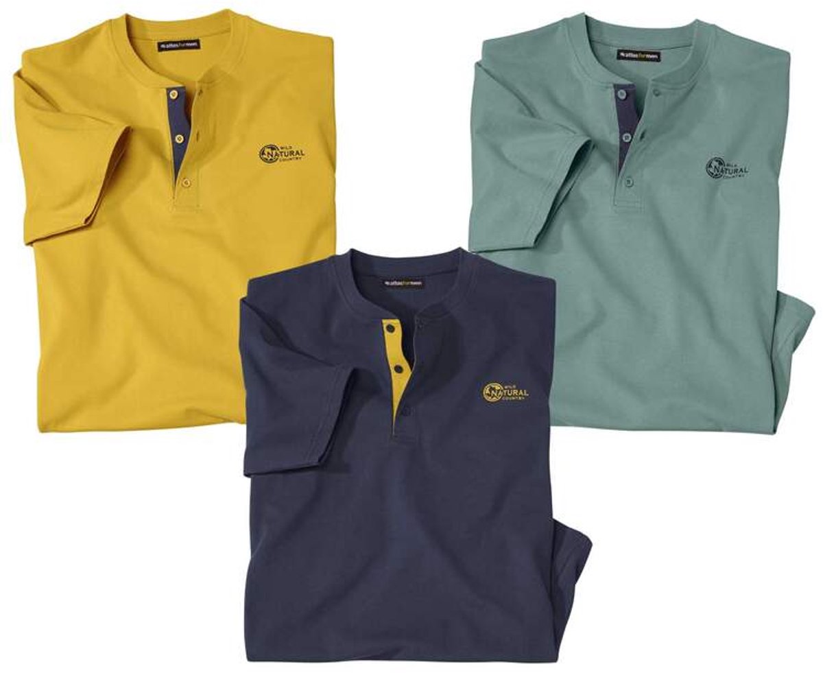 ATLAS FOR MEN - Set van 3 effen T-shirts met Tunesische kraag - Heren - Verkrijgbaar in grote maten - M