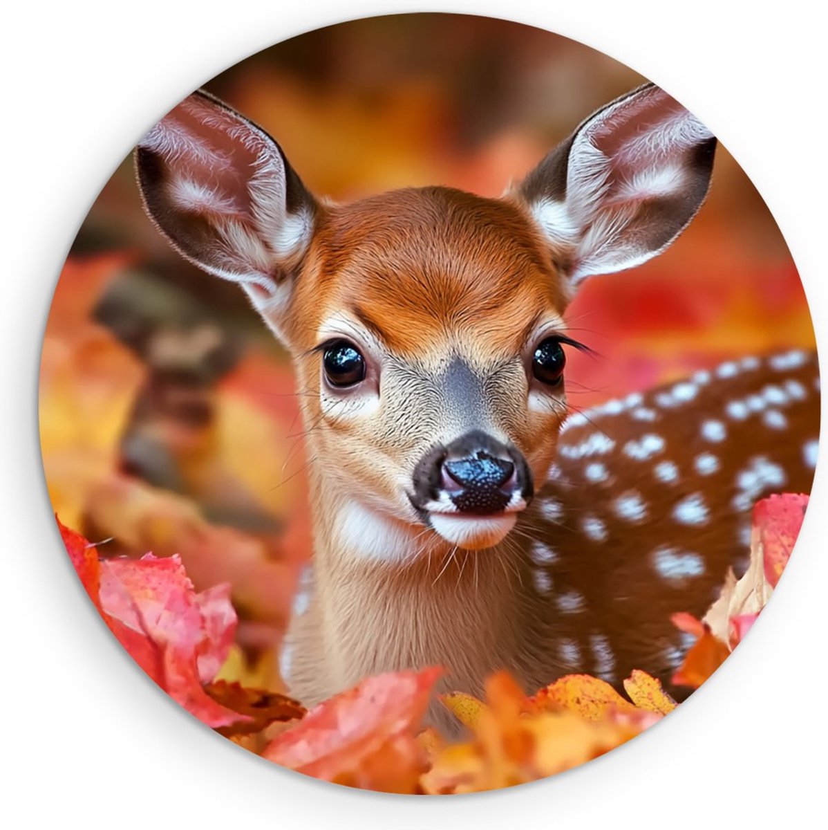 Saammp Muurcirkel Hout - Kalfjes hert tussen de bladeren - Natuur - Dieren - Ø 70 - Wandcirkel - Wanddecoratie Cirkel - Muurdecoratie Woonkamer - Slaapkamer decoratie - Rond Schilderij