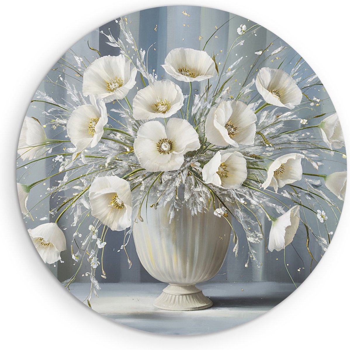 Saammp Forex Muurcirkel - Witte Bloemen in Vaas - Natuur - Abstract - Ø 90 - Wandcirkel - Wanddecoratie Cirkel - Muurdecoratie Woonkamer - Kantoor Decoratie