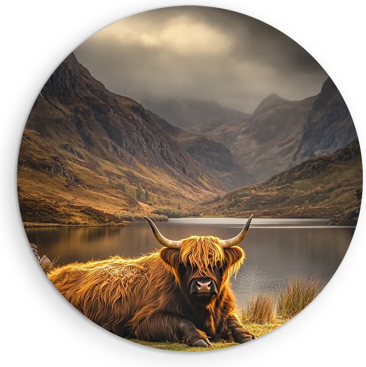 Saammp Forex Muurcirkel - Schotse hooglander koe tussen de bergen - Natuur - Dieren - Ø 40 - Wandcirkel - Wanddecoratie Cirkel - Muurdecoratie Woonkamer - Slaapkamer decoratie - Rond Schilderij