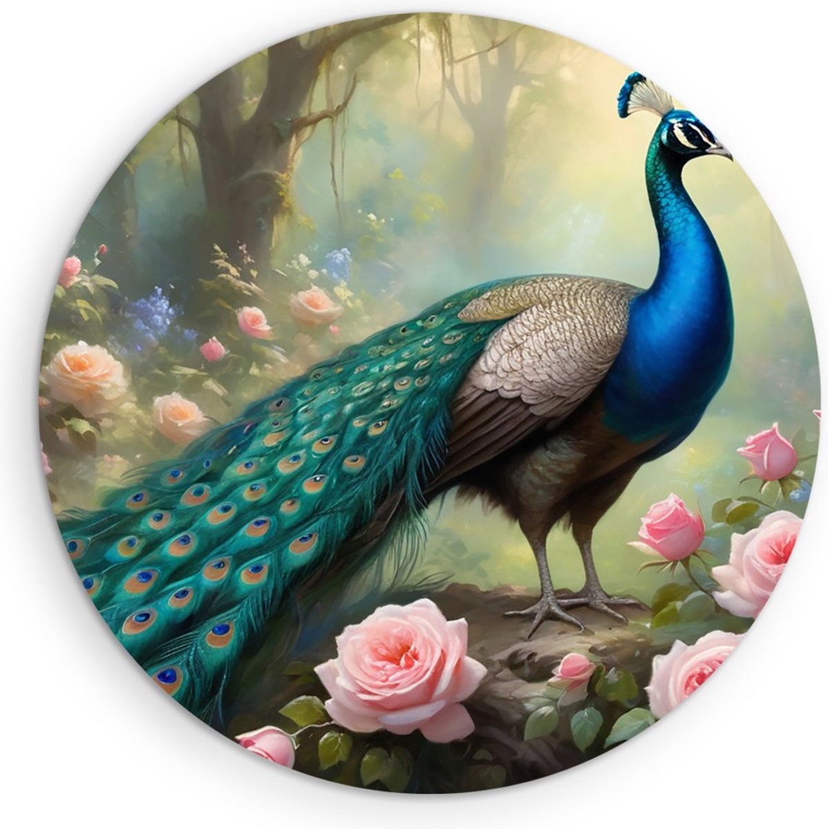 Saammp Muurcirkel Hout - Pauw tussen de roze bloemen - Dieren - Natuur - Ø 60 - Wandcirkel - Wanddecoratie Cirkel - muurdecoratie Woonkamer - Slaapkamer decoratie - Rond Schilderij