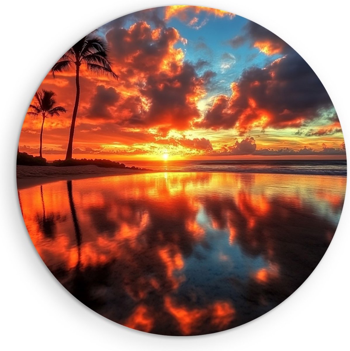 Saammp Forex Muurcirkel - Tropisch strand - Zee met zonsondergang - Palmbomen - Ø 90 - Wandcirkel - Wanddecoratie Cirkel - muurdecoratie Woonkamer - Slaapkamer decoratie - Rond Schilderij