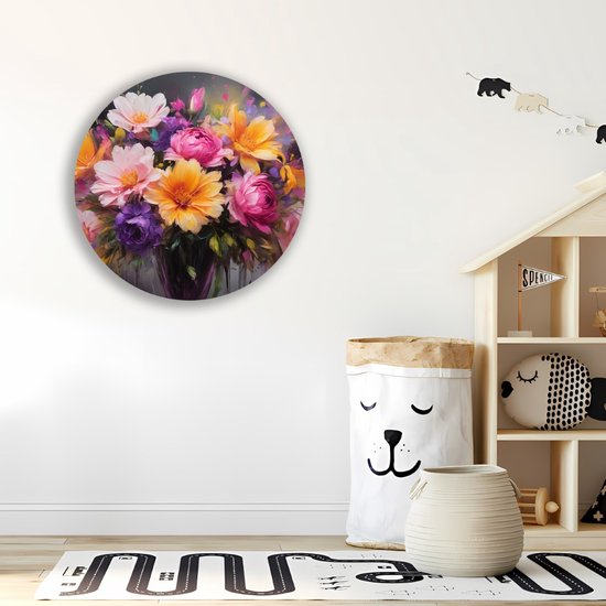 Saammp Muurcirkel Hout - Abstracte bloemen in vaas - kleurrijk - Natuur - Ø 80 - Wandcirkel - Wanddecoratie Cirkel - Muurdecoratie Woonkamer - Kantoor Decoratie