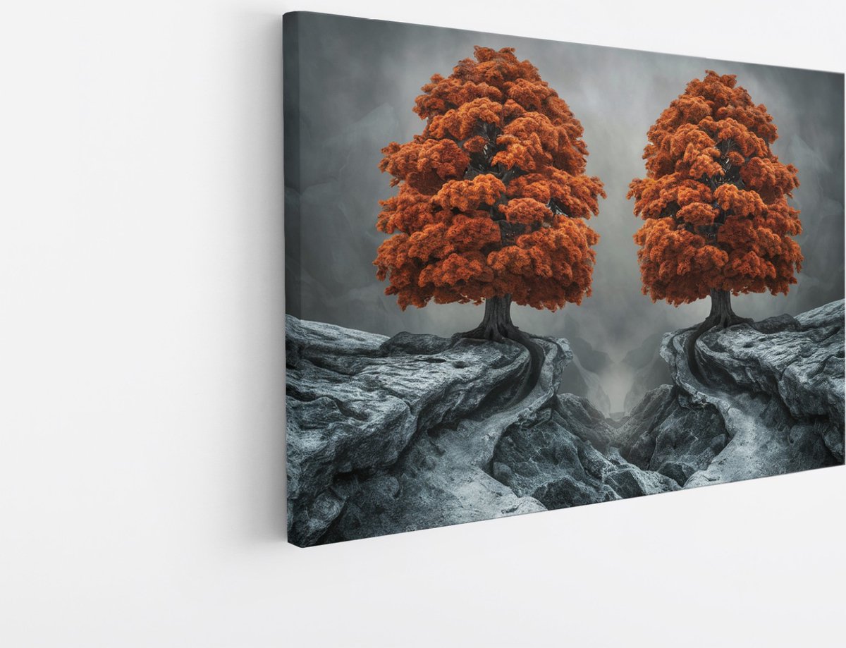 Saammp Canvas Schilderij - 2 Oranje Bomen - Bloemen - Landschap - Natuur - 100x75 - Foto op canvas - Wanddecoratie - Muurdecoratie Woonkamer - Slaapkamer decoratie - Canvas Print Multicolor